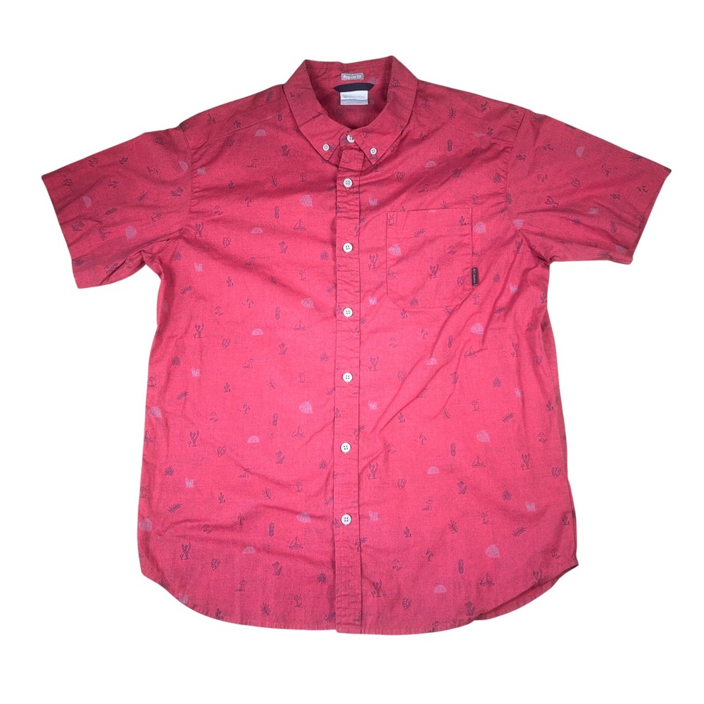 Columbia Mens Regular‎ Fit Short Sleeve Button Down Shirt Red Tropical AM0094 L